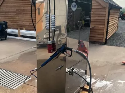 Rear view of the bespoke wheel wash system showing the triple chemical setup and hose configuration. Designed to deliver a structured 3-stage cleaning process, this system ensures effective contamination control for vehicles entering the site.